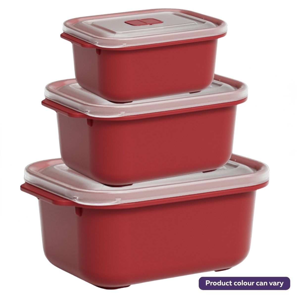 Set of three red food storage containers with clear lids on a white background