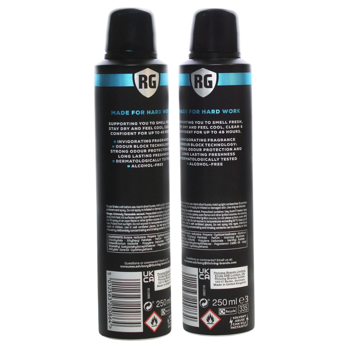 Two black 250ml cans of Right Guard - Cool Anti-Perspirant Deodorant Spray are shown from the back, displaying product information, ingredients, and hazard symbols. These Right Guard sprays provide a cool scent and promise 48-hour sweat protection.