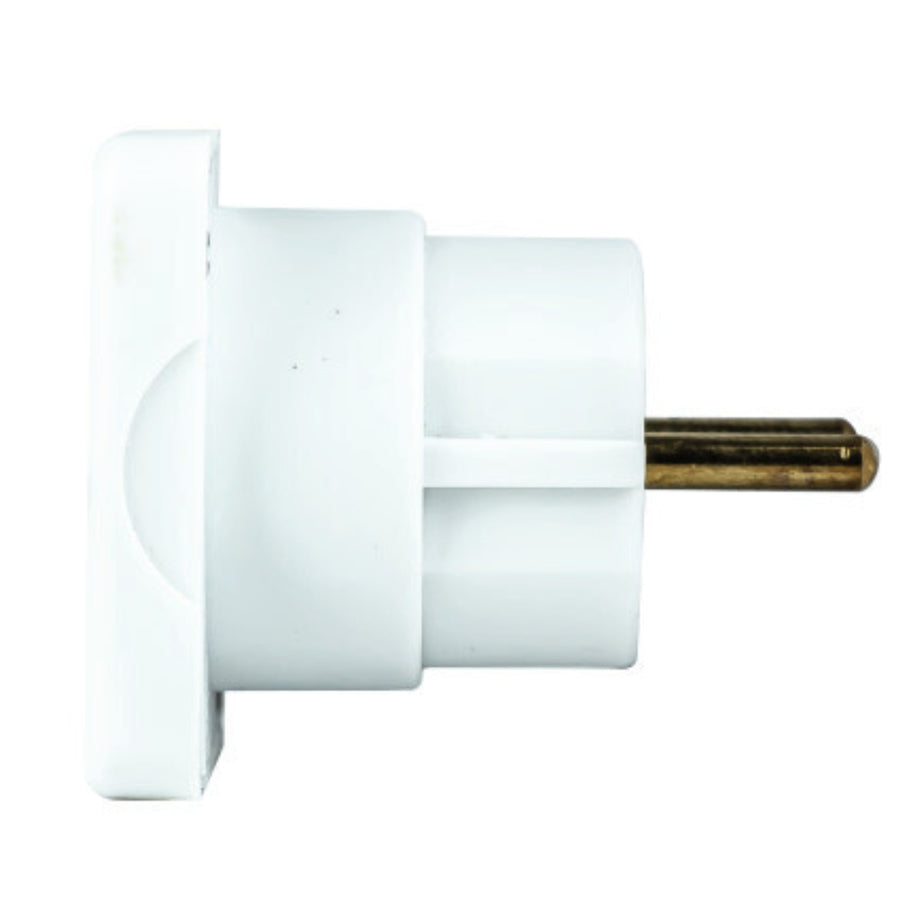Side view of a white Status - European Travel (UK to EU) Adaptor with two metal prongs.
