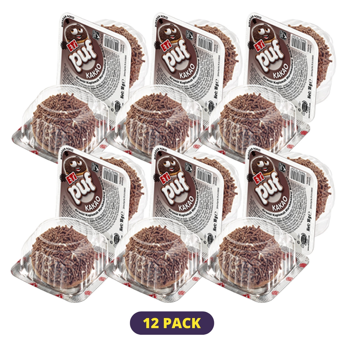 A 12-pack of Eti Puf - Cocoa Marshmallow Biscuit Snacks in clear packaging offers a delicious treat with a soft marshmallow center and smooth chocolate coating.