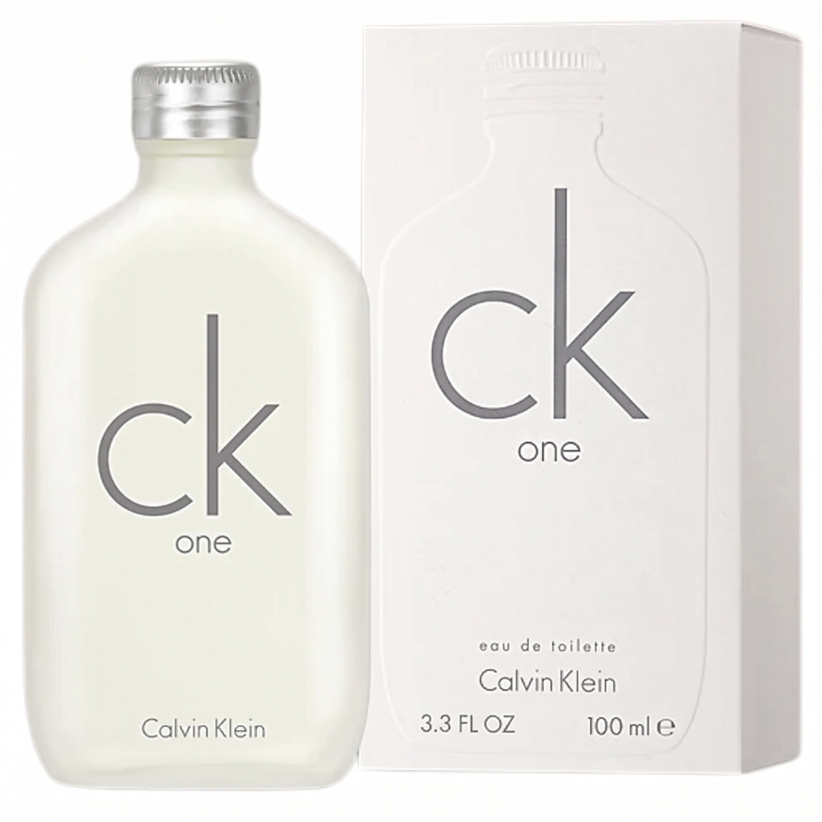 A bottle of CK One - Unisex Eau de Toilette - 100ml is displayed beside its matching box, both labeled “CK One.” The bottle holds 100 ml (3.3 FL OZ) of eau de toilette.