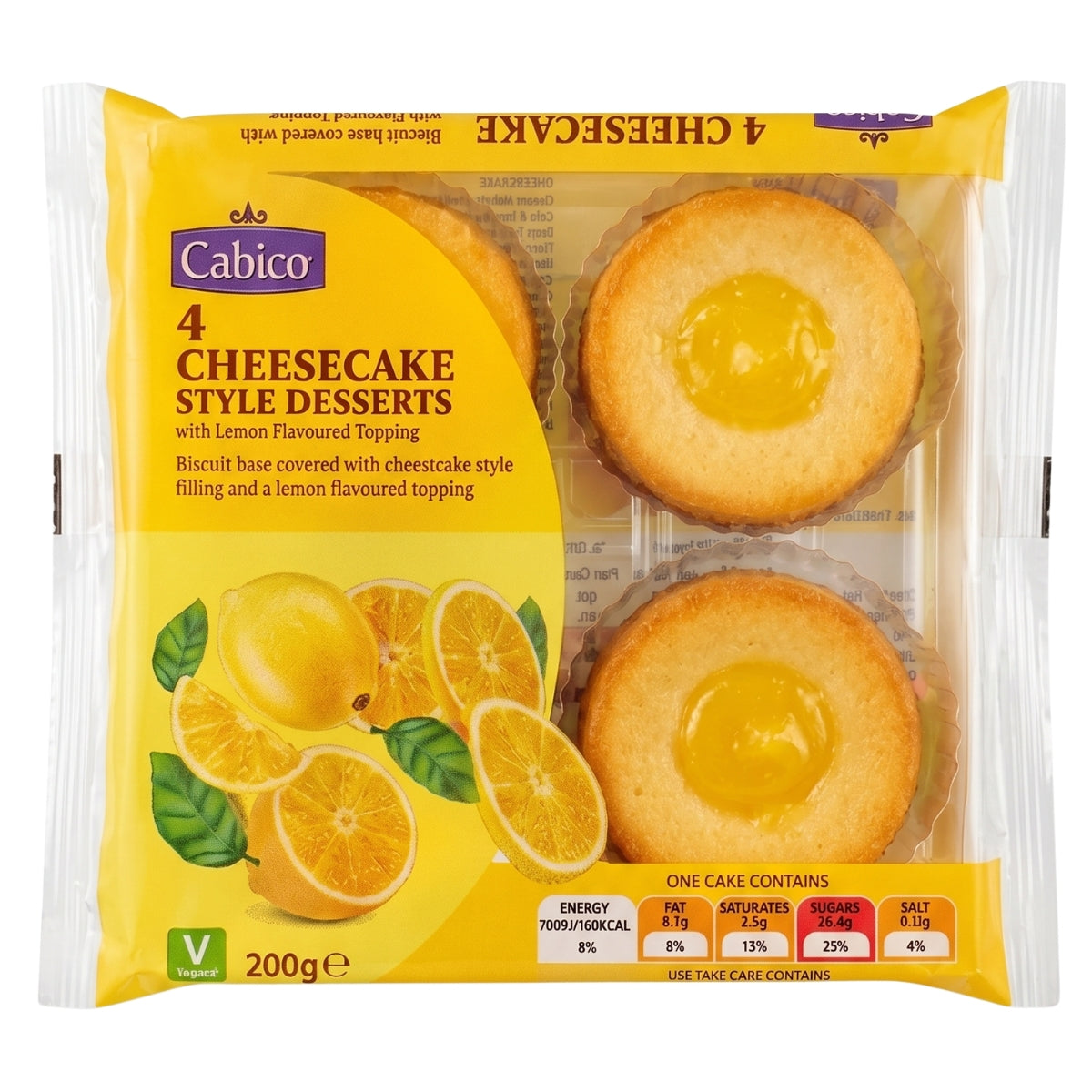 A package of Cabico 4 Lemon Cheese Cake Style Desserts (200g), featuring two visible cakes and lemon graphics on the front.