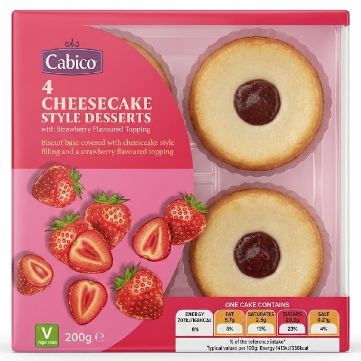 Cabico 4 Cheesecake Style Desserts in a pink and clear plastic package, showing two round biscuit-based desserts with dark red jam centers and strawberry illustrations on the front.