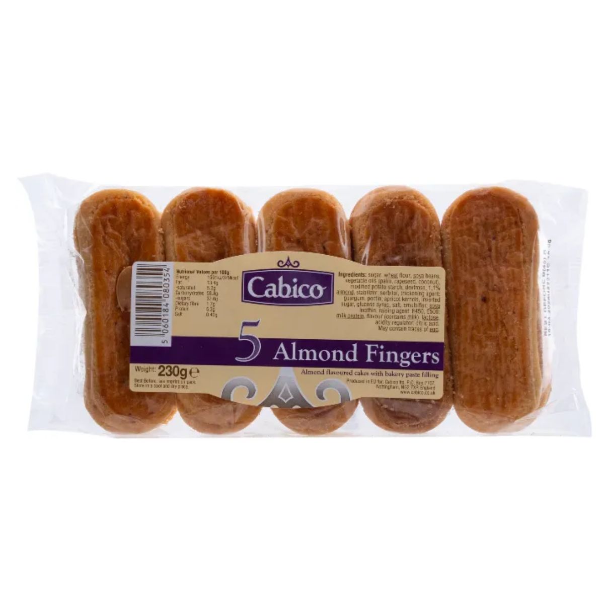 Pack of Cabico - 5 Almond Fingers - 230g, featuring a delightful almond-flavored cake with a rich bakery paste filling.