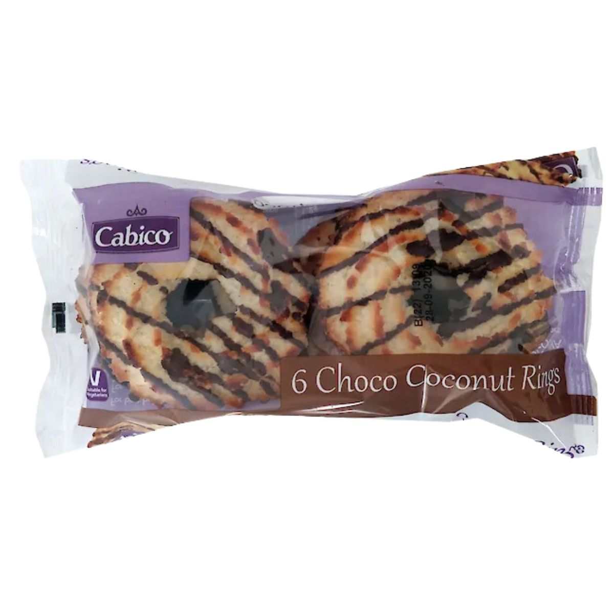 A package of Cabico - 6 Choco Coconut Rings - 200g contains six gluten-free, ring-shaped cookies drizzled with chocolate in a clear and purple wrapper, ideal for vegan and vegetarian snack enthusiasts.