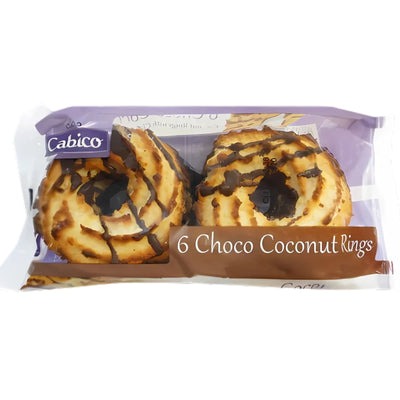A 200g pack of Cabico 6 Choco Coconut Rings, featuring two coconut ring cakes with chocolate-flavoured decoration visible through the clear wrapper section.