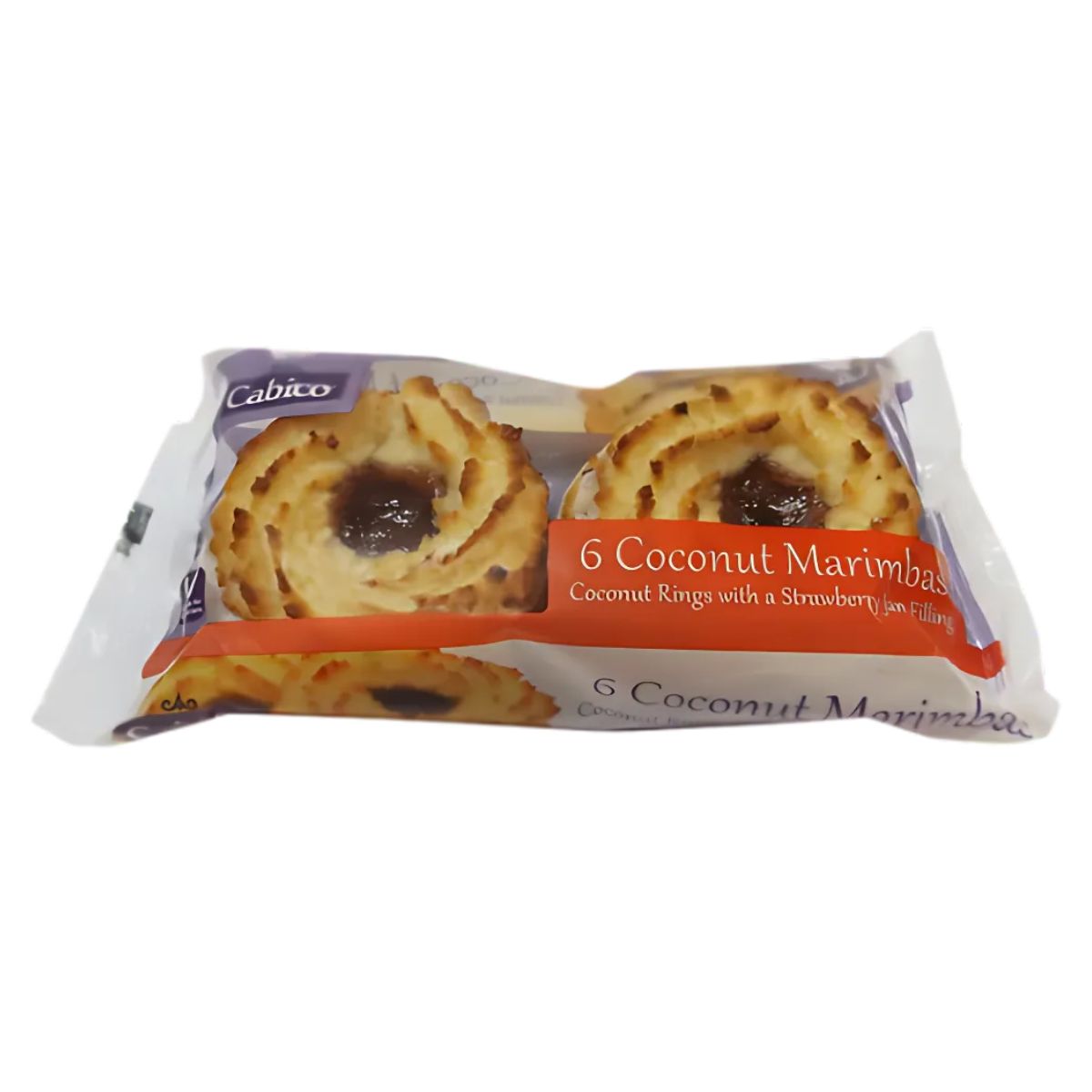 Cabico - 6 Coconut Marimbas with Strawberry Jam Filling (200g) - These biscuits are ideal for vegetarians, made with wholesome wheat flour, featuring a delightful strawberry jam filling, and packaged in clear branded plastic wrapping.