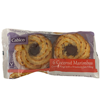 Cabico - 6 Coconut Marimbas with Strawberry Jam Filling (200g) features six coconut cakes filled with strawberry jam, packaged in clear plastic.