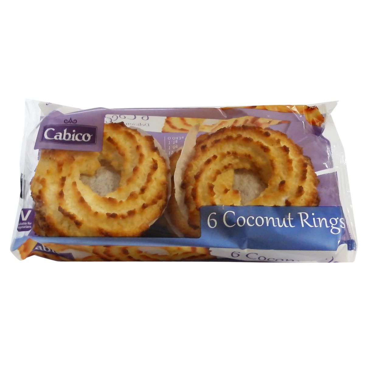 This 180g package of Cabico's six coconut rings offers a delightful tropical flavor and features a purple label.