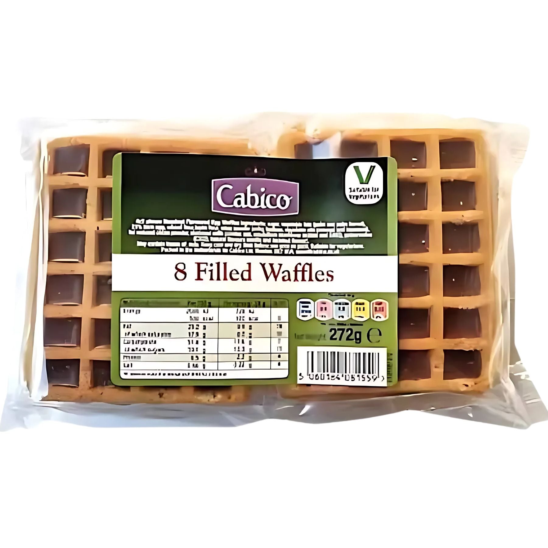 A plastic package of Cabico Chocolate Waffles (8 Pack, 272g) with a green label featuring product info and a barcode.