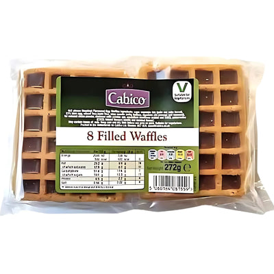 A plastic package of Cabico Chocolate Waffles (8 Pack, 272g) with a green label featuring product info and a barcode.