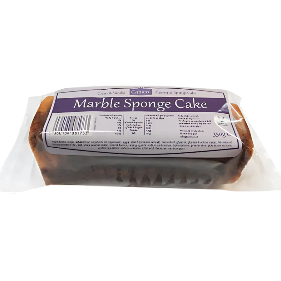 A 350g Cabico Cocoa & Vanilla Marble Sponge Cake is packaged in a clear plastic wrapper with a purple and white label.