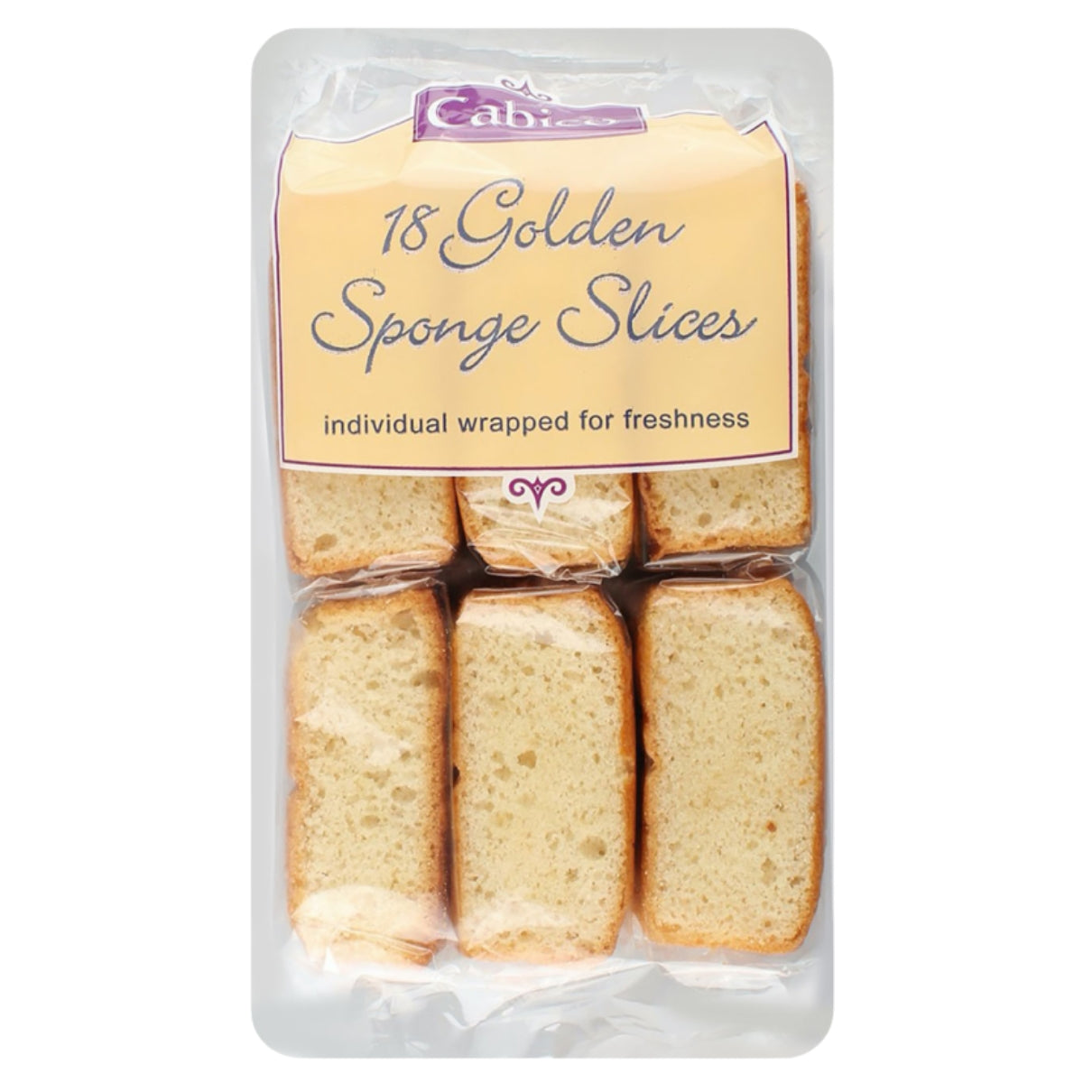 A package of 18 golden sponge slices, individually wrapped in clear plastic under a cream-colored label with purple text, on a white background.