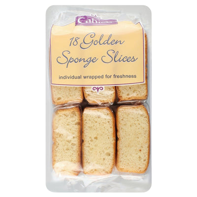 A package of 18 golden sponge slices, individually wrapped in clear plastic under a cream-colored label with purple text, on a white background.