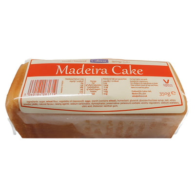 Cabico Madeira Vanilla Flavoured Cake (350g) comes in a clear wrapper with an orange and white label showing ingredients, nutrition info, and barcode. Enjoy this classic vanilla treat from Cabico in every slice.