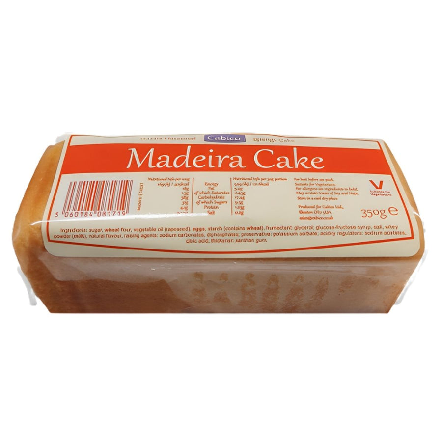 Cabico Madeira Vanilla Flavoured Cake (350g) comes in a clear wrapper with an orange and white label showing ingredients, nutrition info, and barcode. Enjoy this classic vanilla treat from Cabico in every slice.
