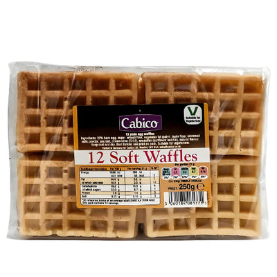 A 250g plastic package of Cabico Soft Waffles - 12 Pack, featuring nutritional information and a vegetarian label, ideal for enjoying classic plain egg waffles at home.