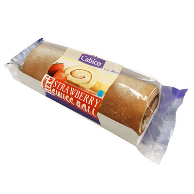 Cabico - Strawberry Swiss Roll - 300g, packaged with a visible label and clear plastic wrapping, features a tasty vanilla cream filling.