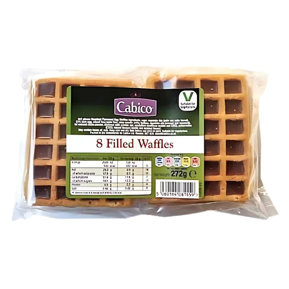 Eight-pack of filled waffles wrapped in clear plastic. Label shows "Cabico - Chocolate Waffles - 8 Pack (272g)." Vegetarian-friendly.