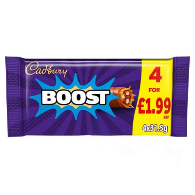 Cadbury Boost 4 Pack Chocolate Bars (4 x 31.5g) multipack, featuring caramel biscuit bars in a purple and yellow wrapper, advertised for £1.99.