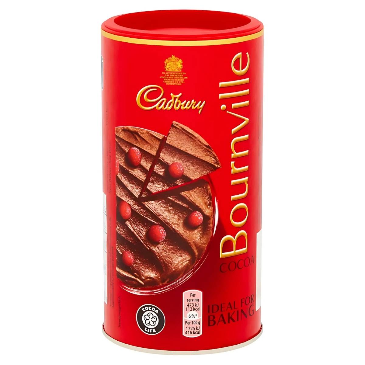 A 250g red cylindrical Cadbury Bournville Cocoa container, ideal for baking, showcases an image of chocolate cake slices.