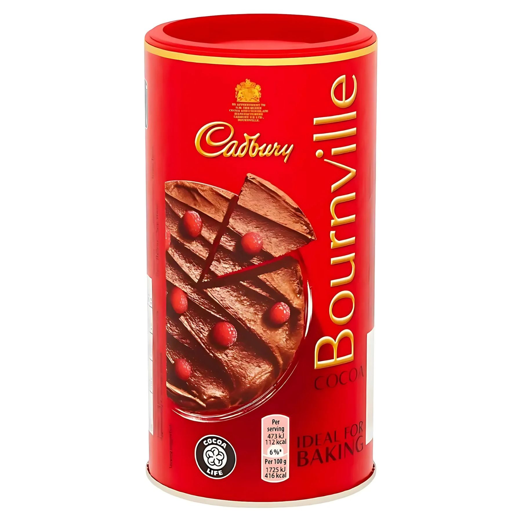 Cadbury - Bournville Cocoa - 250g comes in a red, cylindrical container with a chocolate cake image on the front, and is ideal for baking or making hot chocolate.