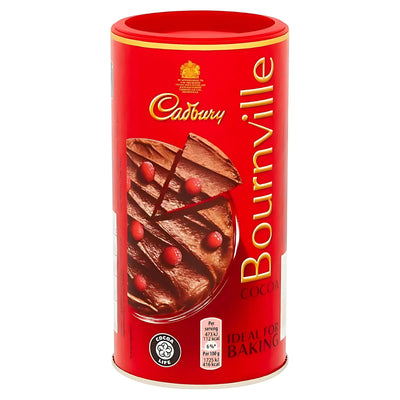 Cadbury - Bournville Cocoa - 250g comes in a red, cylindrical container with a chocolate cake image on the front, and is ideal for baking or making hot chocolate.