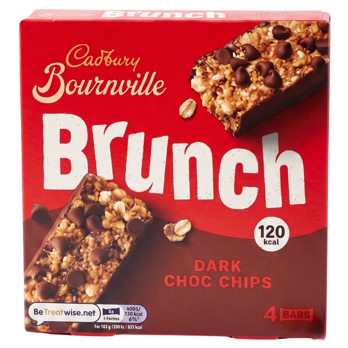 Cadbury Bournville Brunch Dark Choc Chips bar box, featuring a red package with images of chocolate chip granola bars and text indicating 120 kcal and 4 bars.