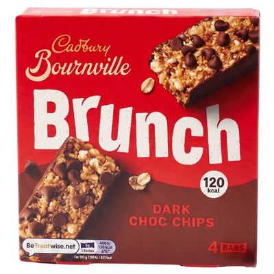 Cadbury Bournville Brunch Dark Choc Chips bar box, featuring a red package with images of chocolate chip granola bars and text indicating 120 kcal and 4 bars.