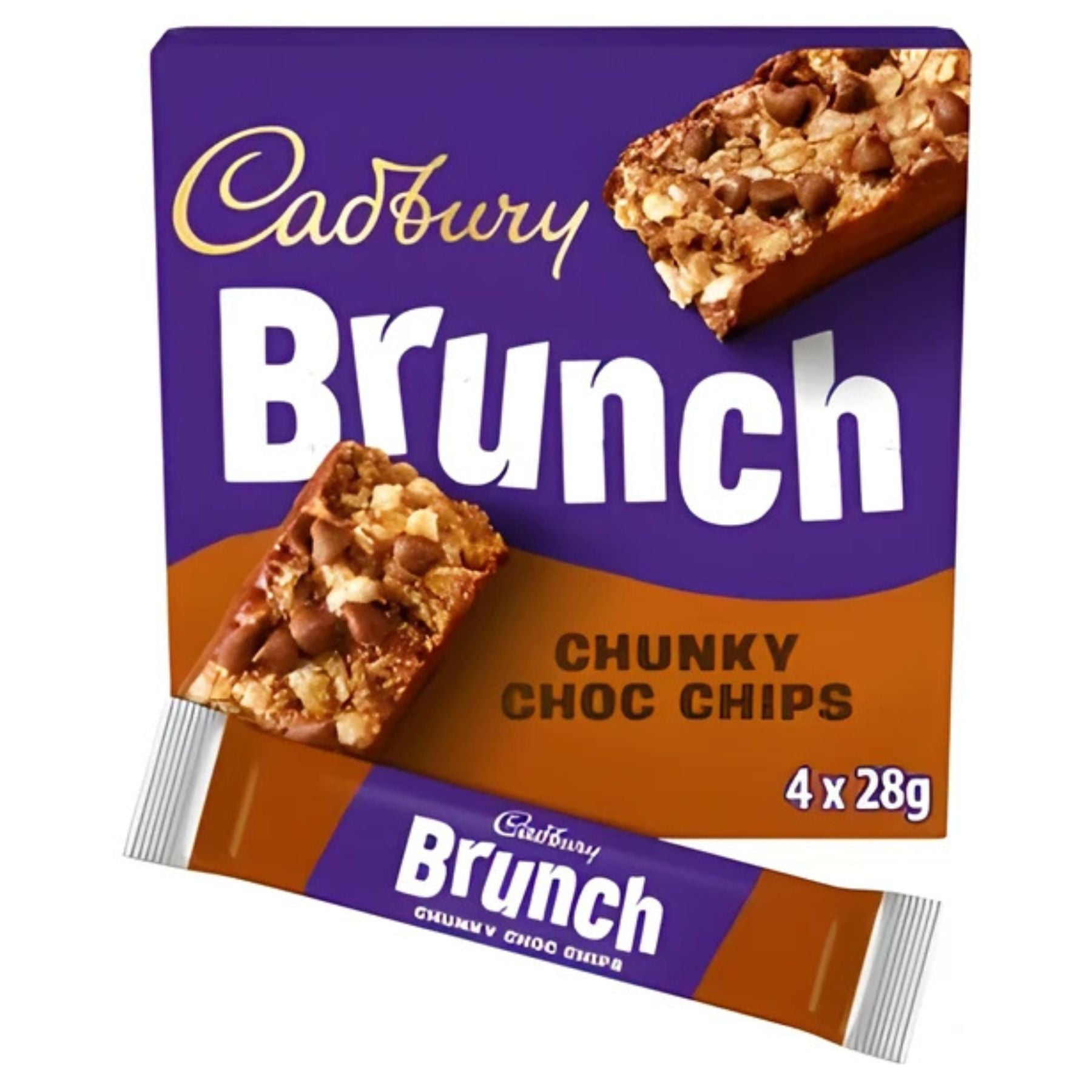 Box of Cadbury Brunch Chunky Choc Chip cereal bars (4 x 28g) with one individually wrapped bar in front; ideal as a tasty snack or energy boost.