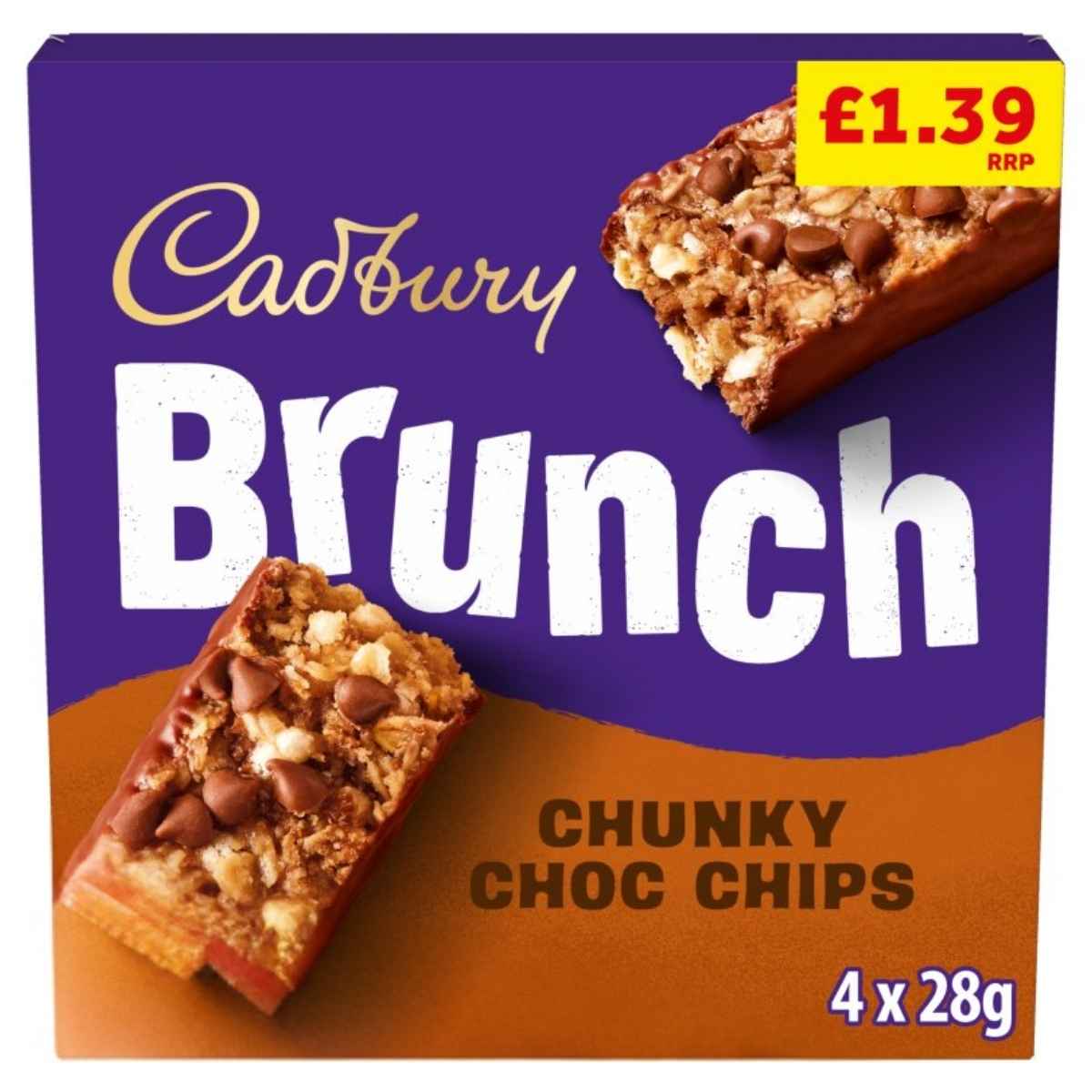 Cadbury Brunch Chunky Choc Chips packaging with a purple and brown background