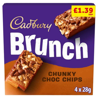 Cadbury Brunch Chunky Choc Chips packaging with a purple and brown background