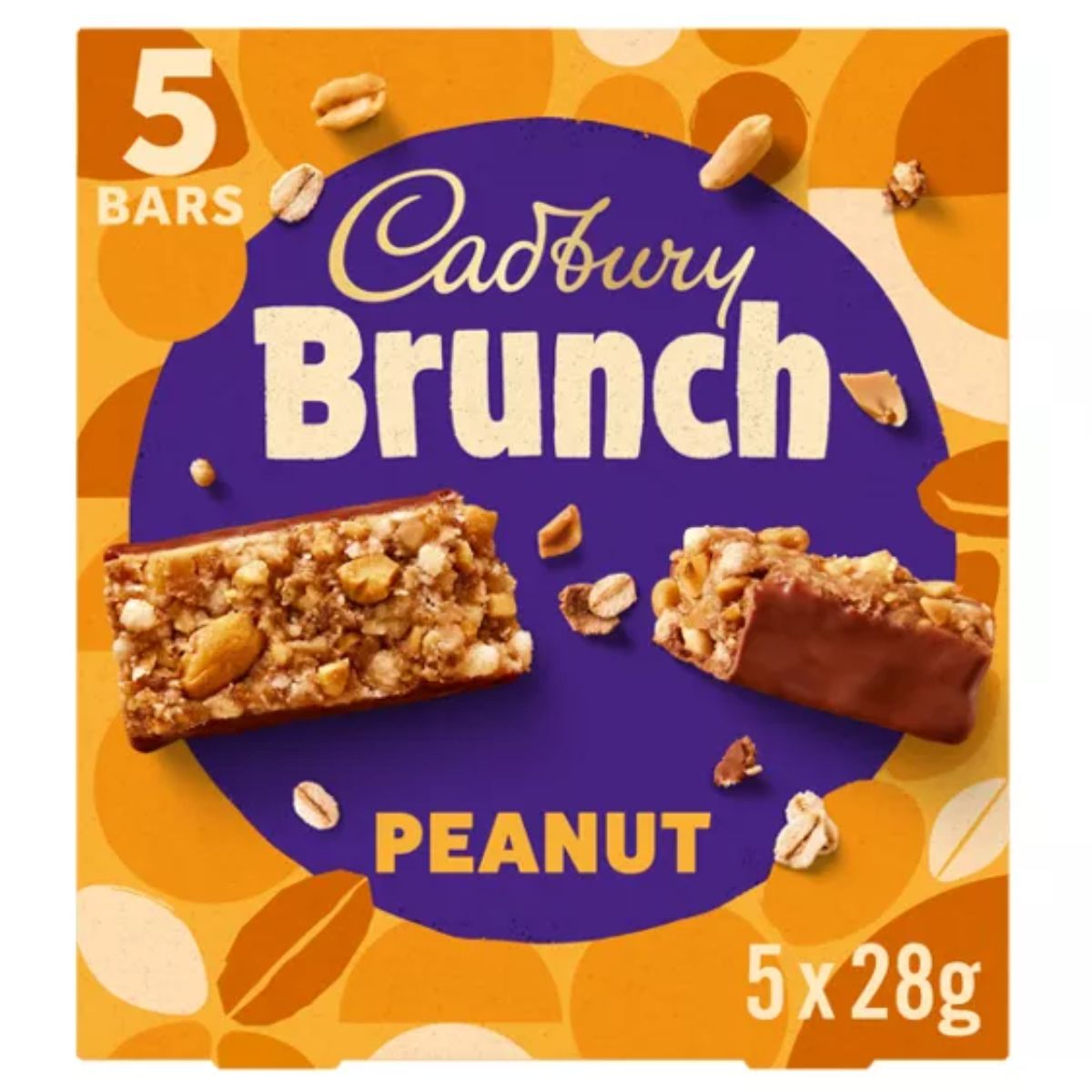 Box of Cadbury - Brunch Peanut Bars showcasing two tasty bars, one partially dipped in chocolate, set against a bright orange and purple backdrop. Filled with oat flakes and whole grain wheat flour, each bar is 28g. The box contains five delightful bars.