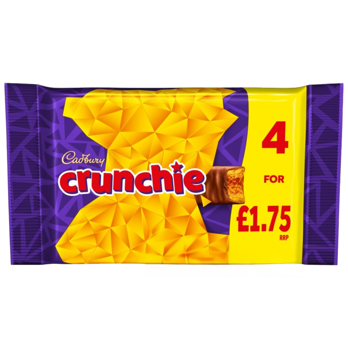A pack of Cadbury Crunchie Chocolate Bars (4 x 26.1g), featuring their signature honeycomb centre coated in smooth milk chocolate, with a yellow and purple wrapper displaying "4 for £1.75 RRP" alongside an image of the bar.
