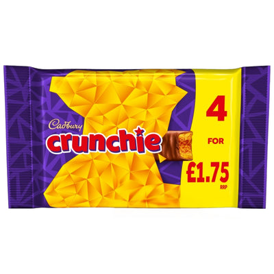 A pack of Cadbury Crunchie Chocolate Bars (4 x 26.1g), featuring their signature honeycomb centre coated in smooth milk chocolate, with a yellow and purple wrapper displaying "4 for £1.75 RRP" alongside an image of the bar.
