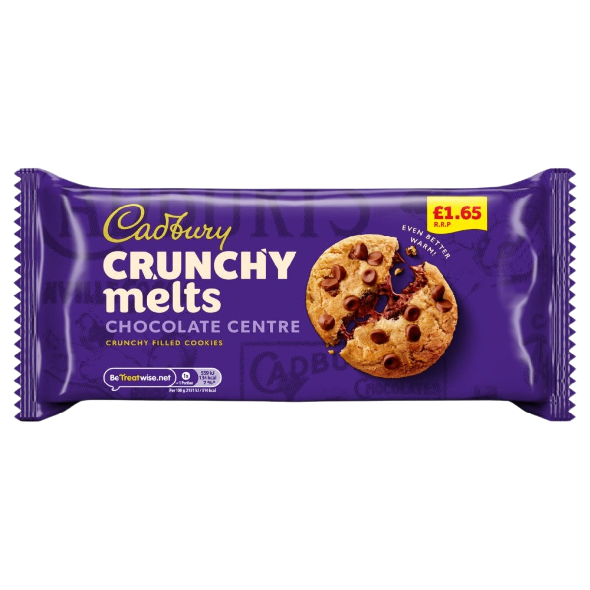 A 156g pack of Cadbury Crunchy Melt Chocolate Filled Cookies, priced at £1.65 on the top right, evokes the taste of traditional Dutch-baked cookies.