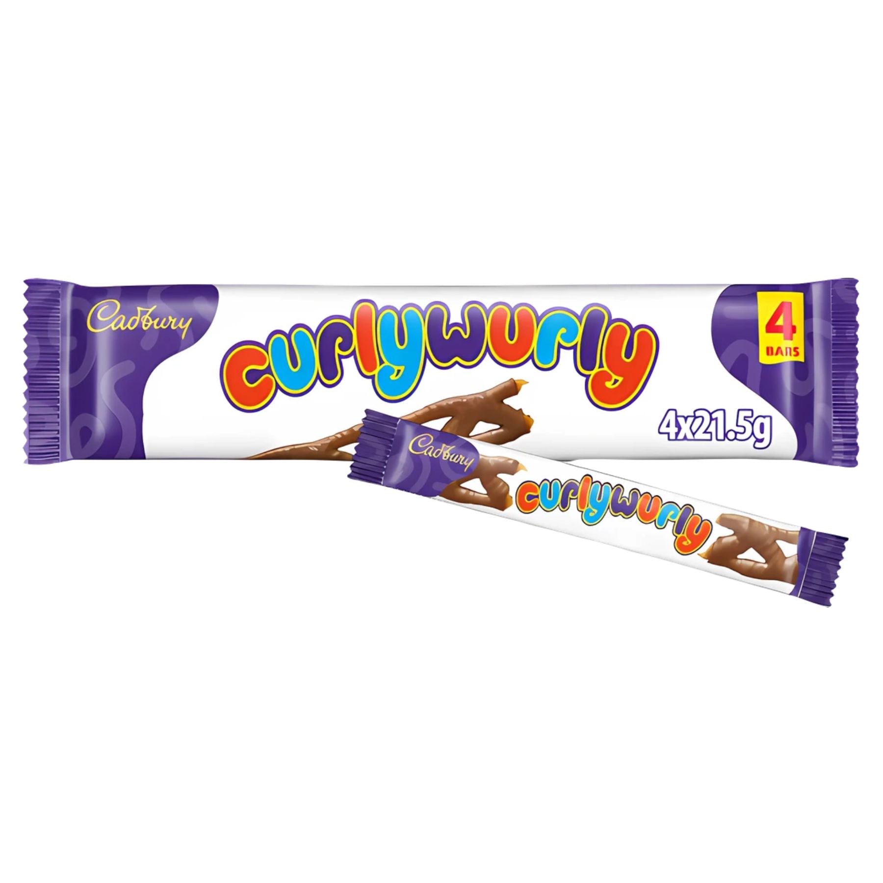 A multipack of Cadbury Curly Wurly Chocolate Bars (4 x 21.5g), each with colorful branding on a white wrapper.