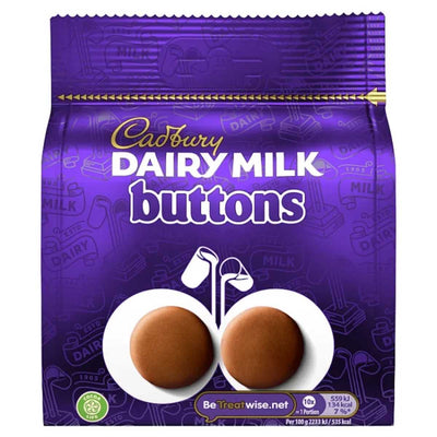 The 85g Cadbury Dairy Milk Buttons package, in purple, features two chocolate button illustrations and promises the smooth, melt-in-your-mouth goodness of classic Cadbury chocolate.