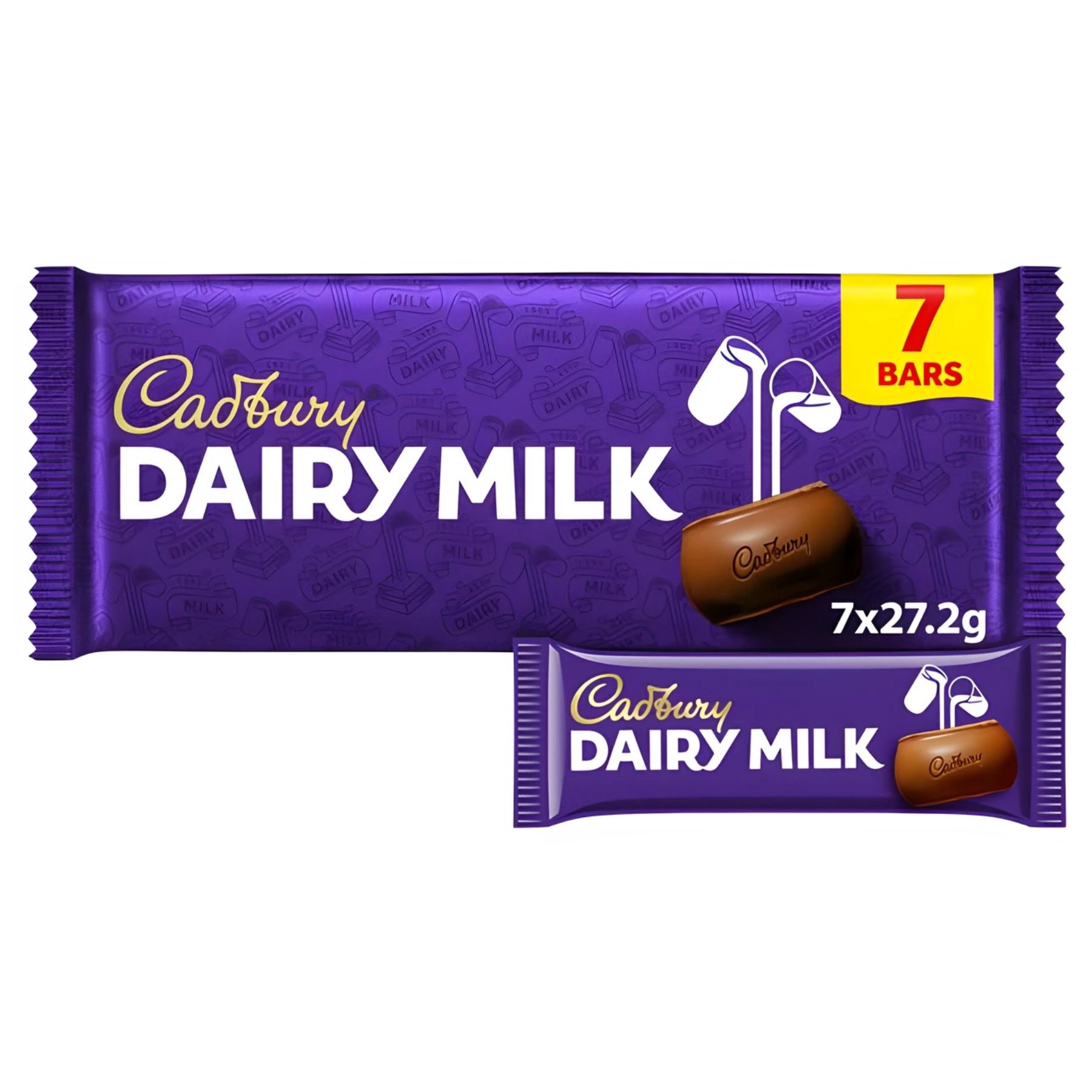 Cadbury Dairy Milk Chocolate Bar 7 Bars Multipack (7 x 27.2g) in purple packaging features branding and a chocolate piece image.