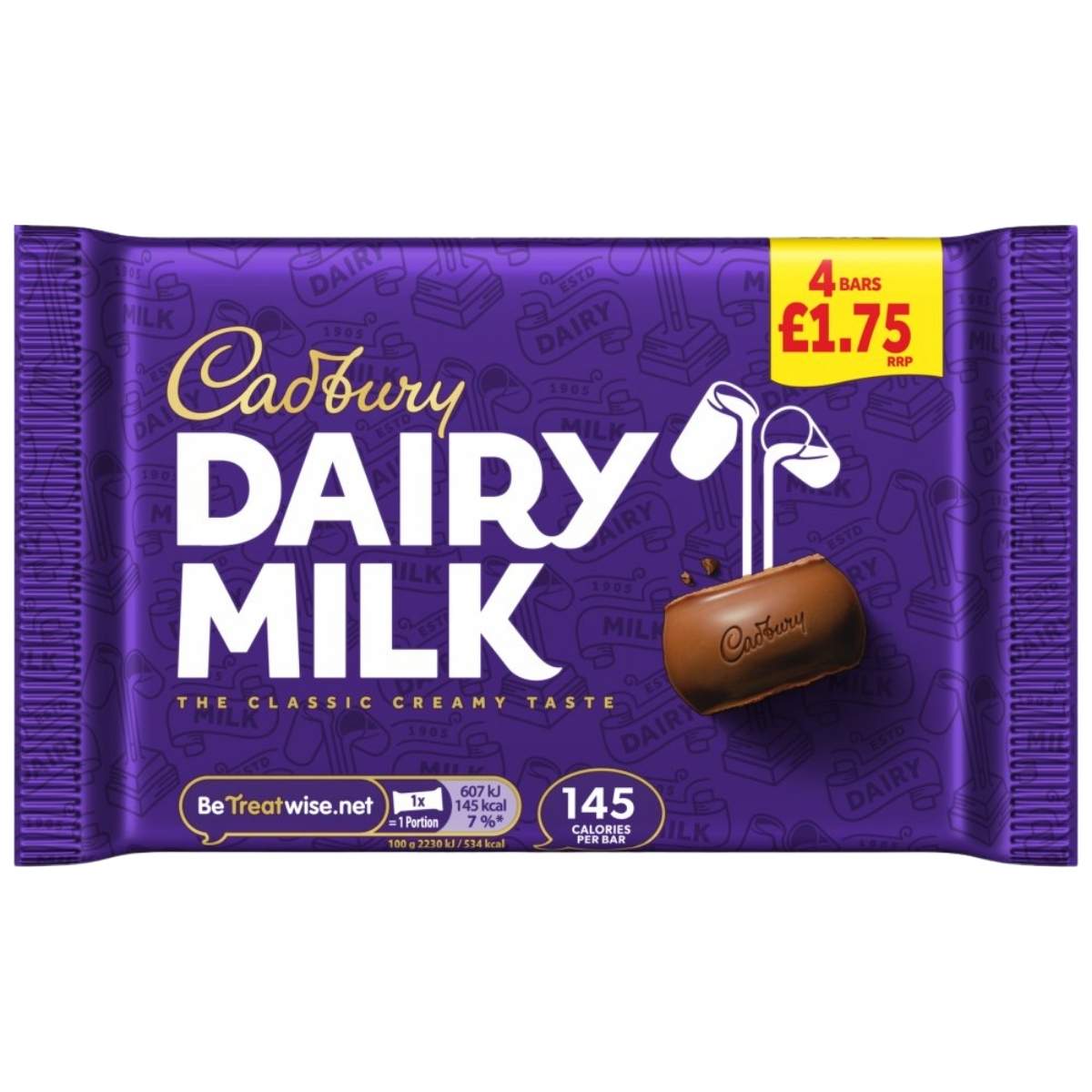 A purple Cadbury packet labeled £1.75 contains four Dairy Milk Chocolate Bars (4 x 27.2g), with nutritional info displayed on the front.