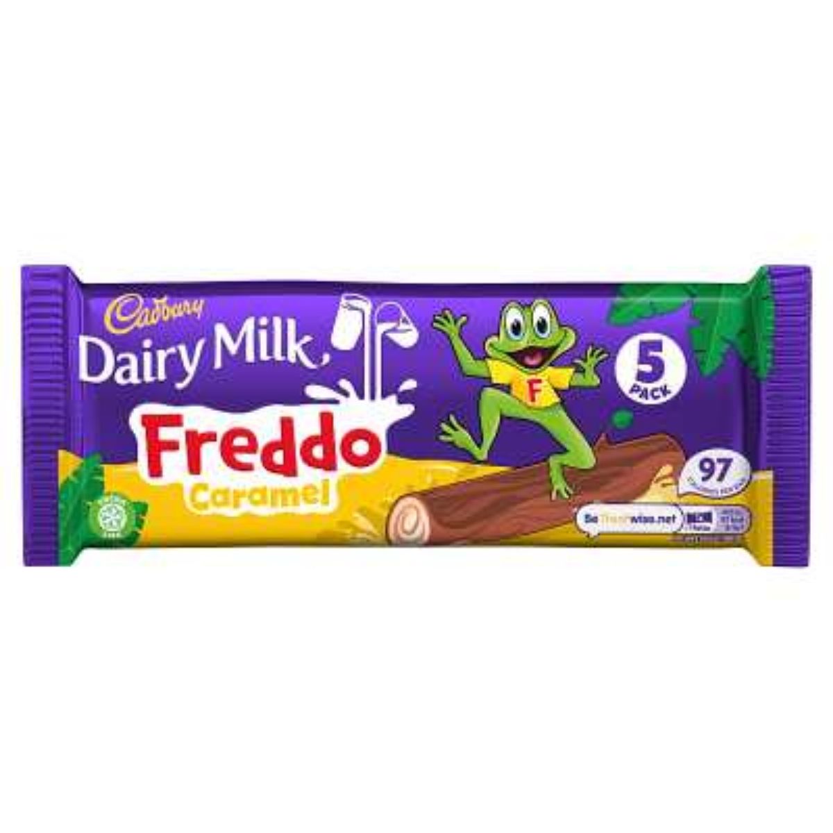 A pack of Cadbury - Dairy Milk Freddo Caramel Chocolate Bars, featuring a cartoon frog, is labeled as a 5-pack with each bar containing 97 calories.