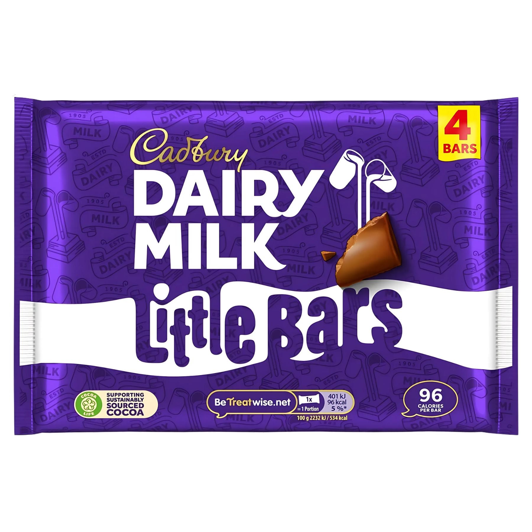 A purple Cadbury Dairy Milk Little Bars - 4 x 18g pack features four bars, a chocolate square image, and nutrition info on the front.