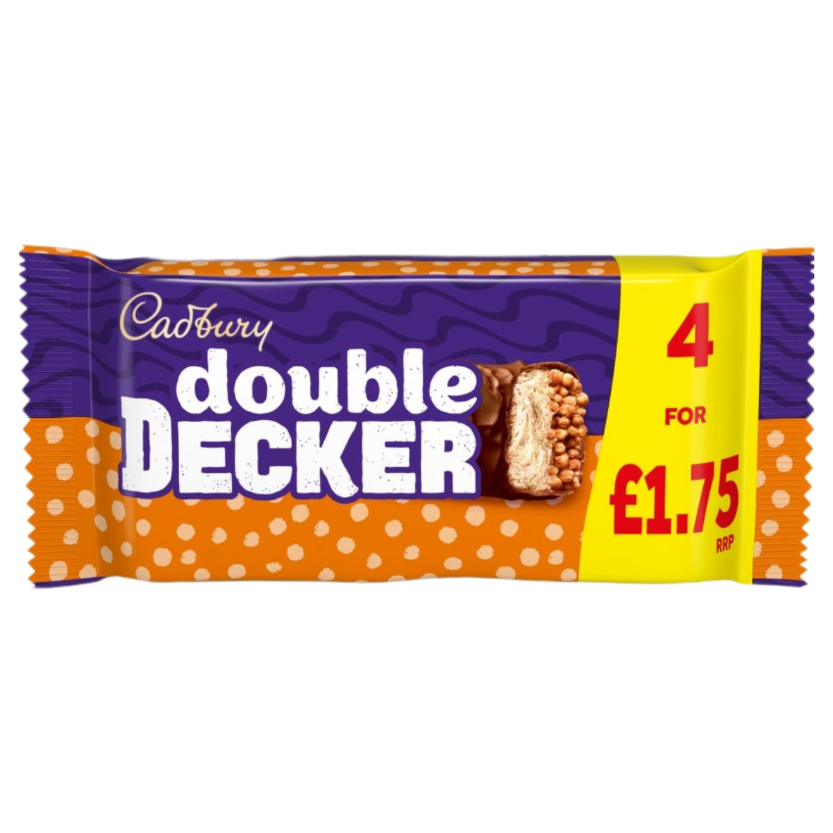 A Cadbury Double Decker Chocolate Bar 4 Pack, featuring purple and orange packaging and made with creamy milk chocolate and wheat flour, is shown with a “4 for £1.75 RRP” offer displayed on the right side.