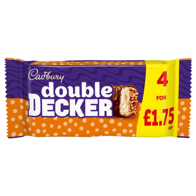 A Cadbury Double Decker Chocolate Bar 4 Pack, featuring purple and orange packaging and made with creamy milk chocolate and wheat flour, is shown with a “4 for £1.75 RRP” offer displayed on the right side.