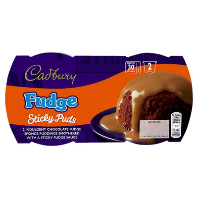 Cadbury Fudge Sticky Puds (2 x 95g): chocolate sponge puddings with rich fudge sauce. Ready-to-heat desserts for two—delicious and ready in just 30 seconds.