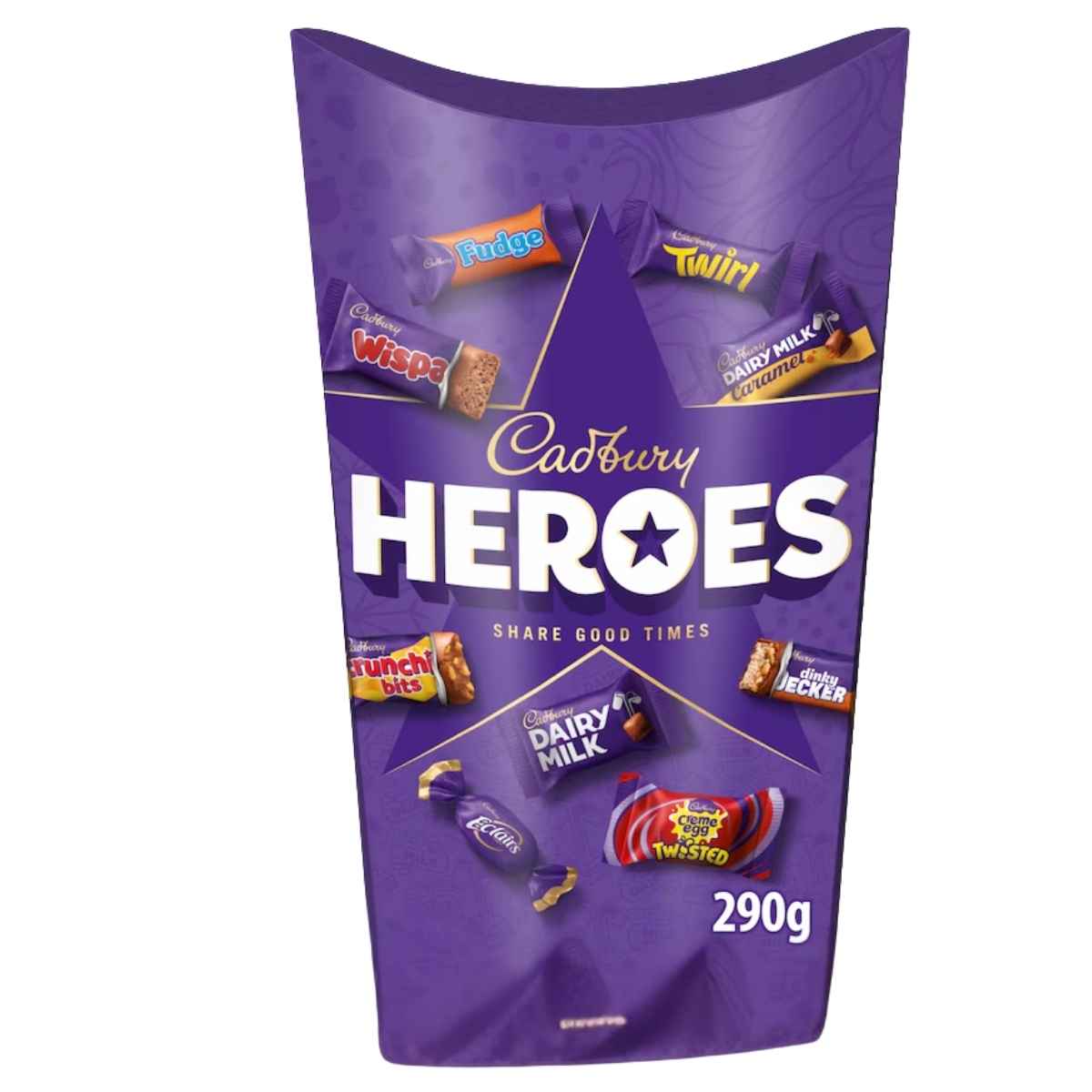 A 290g Cadbury Heroes Chocolate Carton featuring assorted mini bars, branded by Cadbury.