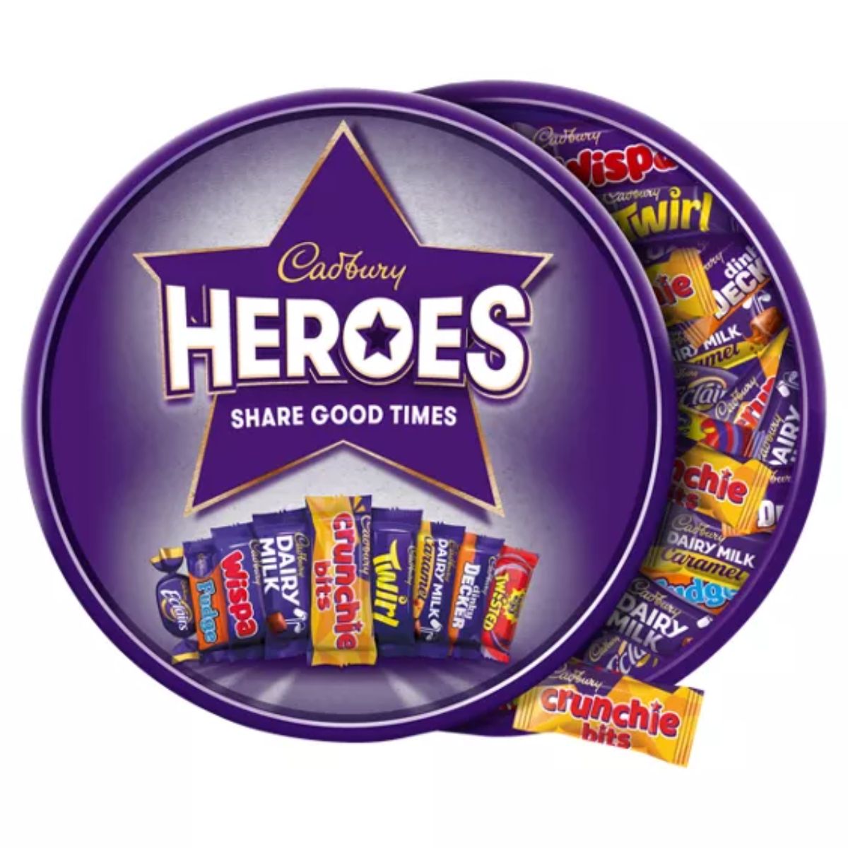 A round purple tub of Cadbury Heroes featuring an assortment of chocolate bars, including Twirl, Dairy Milk, and Crunchie.