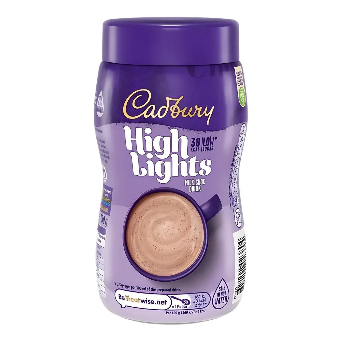 The Cadbury - High Lights Milk Choc Drink - 180g container showcases a purple lid with a cup illustration, offering a delightful sweet treat.