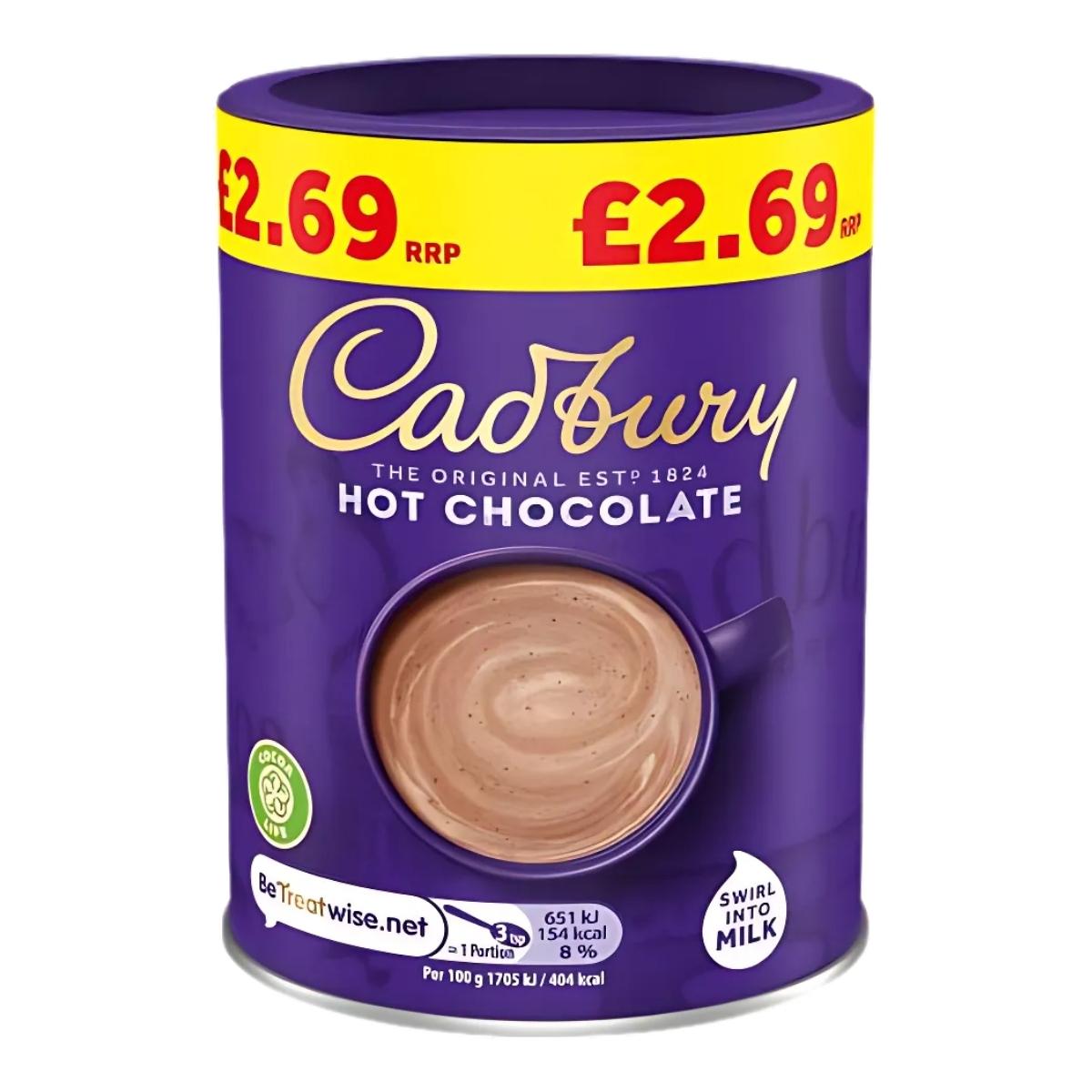 Satisfy your chocolate desires with a 250g canister of Cadbury Hot Chocolate, available for only £2.69. The classic Cadbury purple packaging showcases an enticing image of a mug brimming with rich and creamy hot chocolate, ideal for cozy moments.