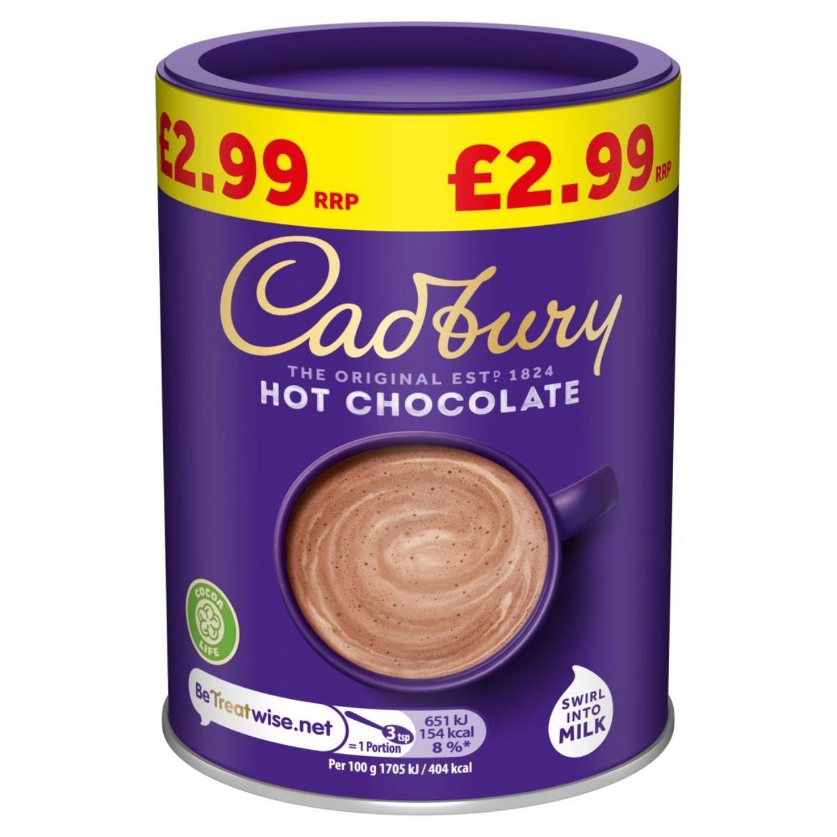 A 250g container of Cadbury Hot Chocolate in purple packaging, featuring a swirl design, offers information on calories and portion size and is available for £2.99.